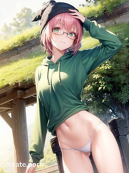 Big-Round-Glasses Lady in Green Outfit Seduces in Steaming Hentai AI Image