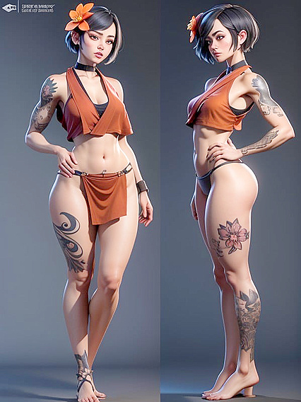 Choker-Wearing Babe with Flower Tattoos and Short Bobcut in Steamy Hentai AI Image