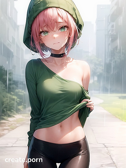 Freckled Beauty in Green Clothing Wears Oversized Hoodie for Steamy Hentai AI Image