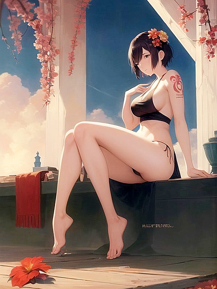 Bare-Footed Beauty with Floral Tattoo Poses Seductively in Hentai AI Image