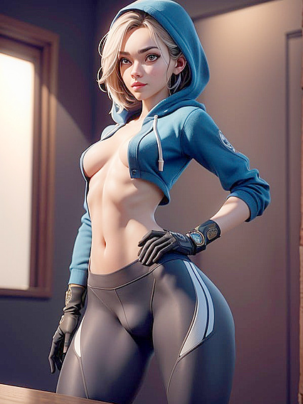 Small-Breasted Beauty in Tight Leggings Shows Off Crotch Bulge in Hentai AI Image