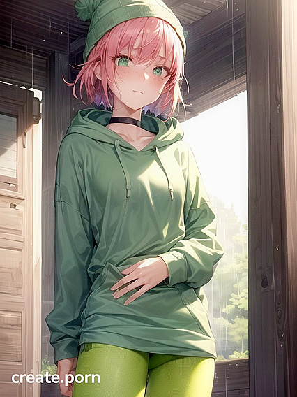 Freckled Beauty in Green Clothing and XL Hoodie Seduces in Hentai AI Image