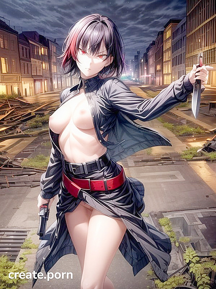Girl 18+ Wields Knives and Guns in Dark World Hentai AI Image
