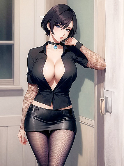Blonde in Blouse and Fishnets Gets Seductive Makeup for Steamy Hentai AI Image