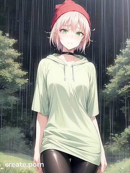 Freckled Beauty in Green Clothes and XL Hoodie for Steamy Hentai AI Image
