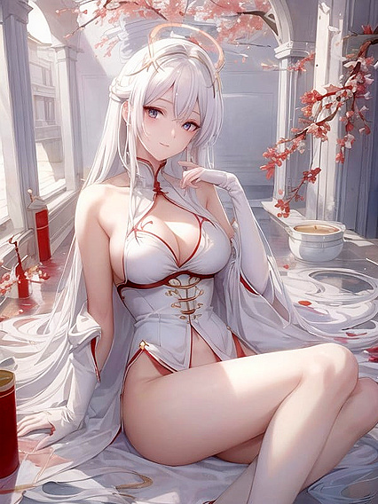 White-Haired Beauty with Red Halo Reigns Supreme in Intense Hentai AI Image