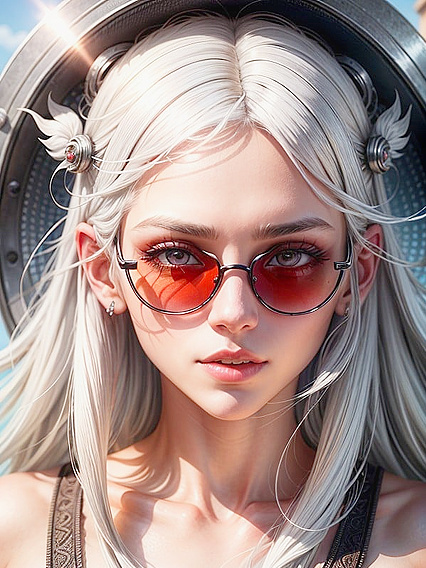 White-Haired Babe with Red Halo and Sunglasses Topple Your fantasies in Hentai AI Image