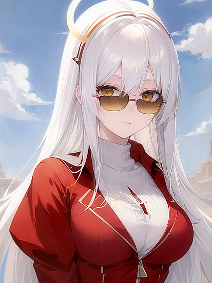 White-Haired Beauty with Red Halo Bangs in Seductive Hentai AI Image