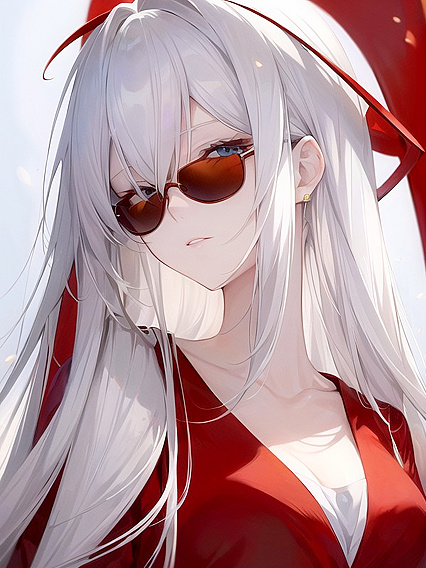 White-Haired Beauty with Sunglasses and Red Halo in Mind-Blowing Hentai AI Image