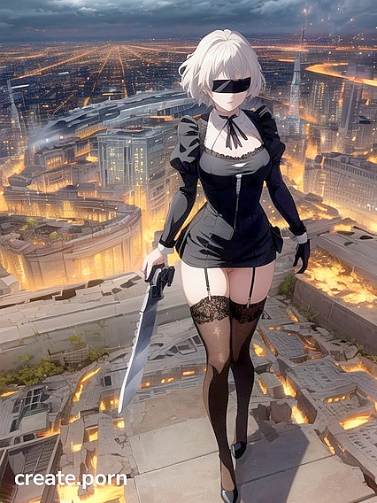 White-Haired Beauty Dominates Cityscape in Steaming Hentai AI Image