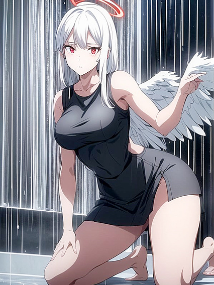 Red-Haloed White Haired Beauty with Bangs in Seductive Hentai AI Image