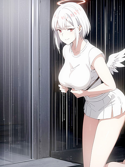 White-Haired Beauty with Red HaloBangs in steamy Hentai AI Image