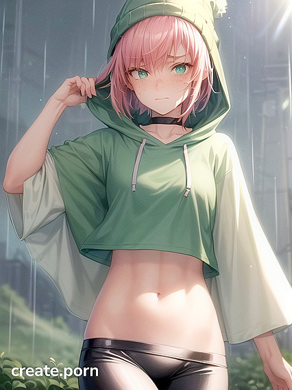 Freckled Beauty in Extra Large Green Hoodie Seduces in Steamy Hentai AI Image