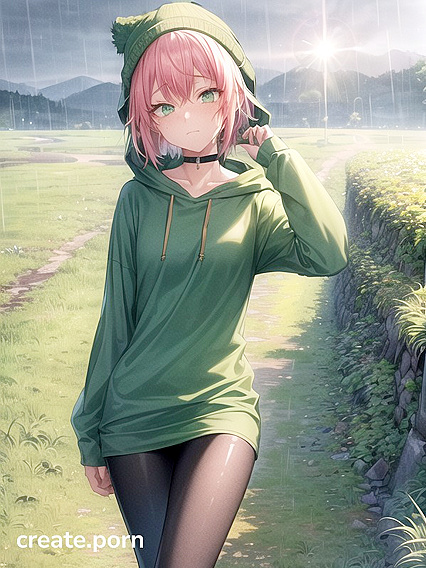 Freckled Beauty in Green Clothing Wears XL Hoodie for Steamy Hentai AI Image