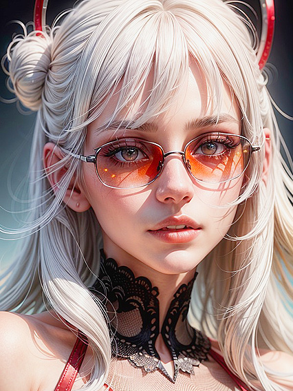Seductive White-Haired Beauty with Bangs and Sunglasses Tops in Hentai AI Image