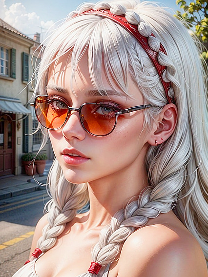Red Halo and White Hair -Bangs Gal inSTEAMY Hentai AI Image