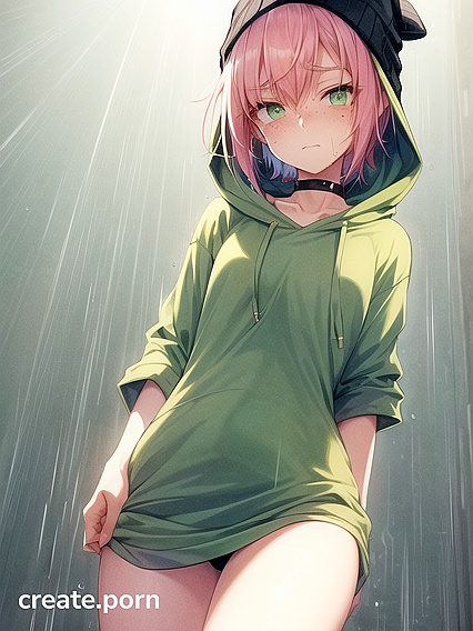 Freckled Beauty in Green Clothes and XL Hoodie for Sultry Hentai Pleasure