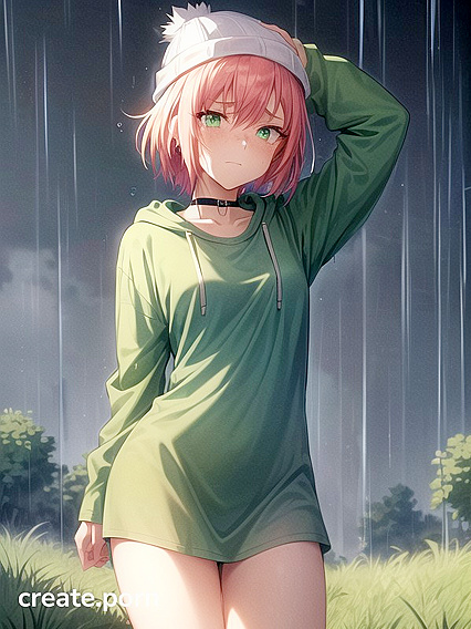 Freckled Beauty in Green Clothes and XL Hoodie for Steamy Hentai AI Image