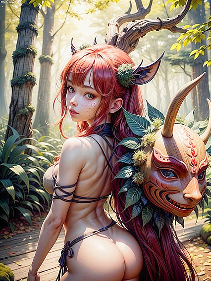 Bare-Footed Green-Skinned Woman in Wooden Mask for Kinky Hentai AI Image