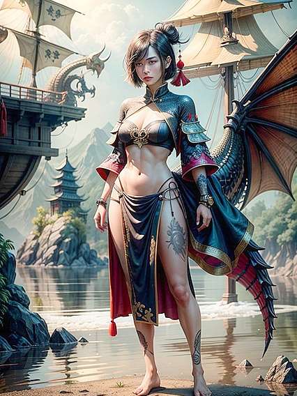Full Body Dragon Tattooed Beauty with Bobcut Hairstyle in Seductive Hentai AI Image