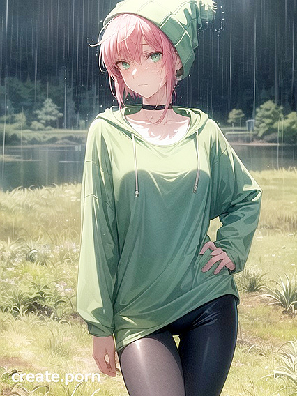 Freckled Beauty in Extra Large Green Hoodie Seduces in Steamy Hentai AI Image