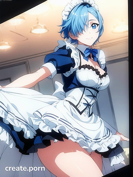 Rem's Seductive Sky Blue Hair Covering One Eye in naughty Hentai AI Image