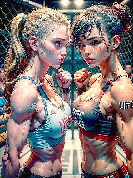 Female UFC Fighters Face Off in Intense Cage Match Hentai AI Image