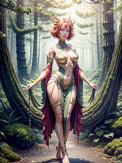 Green-Skinned Japanese Dryad with Wide Hips in Erotic Hentai AI Image