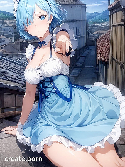Blue-Haired Girl 18+ with Covered Eye on Stone Roof Amidst Majestic Mountains Hentai Pleasure