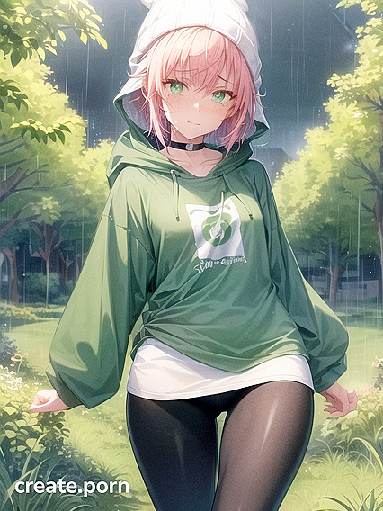 Freckled Girl 18+ in Green Clothes and Oversized Hoodie Takes On Hot Hentai AI Image