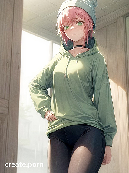 Freckled Beauty in Extra Large Hoodie and Green Clothes for Steamy Hentai AI Image