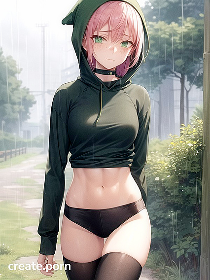 Freckled Girl 18+ in Extra Large Hoodie and Green Clothes Gets Seductive in Hentai AI Image