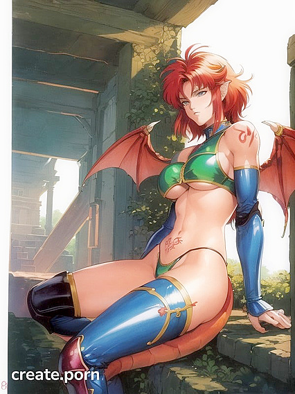 Red-Haired Dragon Tail in Blue Bikini Armor for Steamy Hentai AI Image