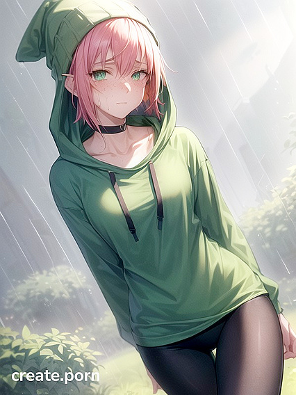 Freckled Cutie in Extra Large Hoodie and Green Clothes for Steamy Hentai AI Image