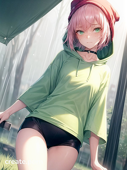 Freckled Beauty in Green hoodie Seduces in Steamy Hentai AI Image