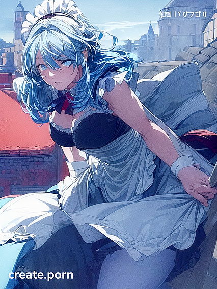 Blushing Girl 18+ on Stone Roof with Majestic Mountain Backdrop in Hentai AI Image