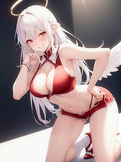 Lifting Her Shirt with One Hand - Small Braid, Pink Ribbon, and Seductive Hentai AI Image