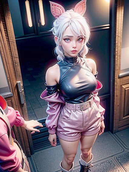Girl 18+ With Sunglasses, Red Halo, and Pink Ribbon Enjoying Sexy Hentai AI Image