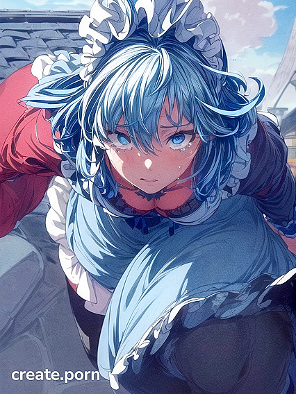 Sky Blue-Haired Maiden in Black and White French Maid Outfit Seduces on Stone Roof