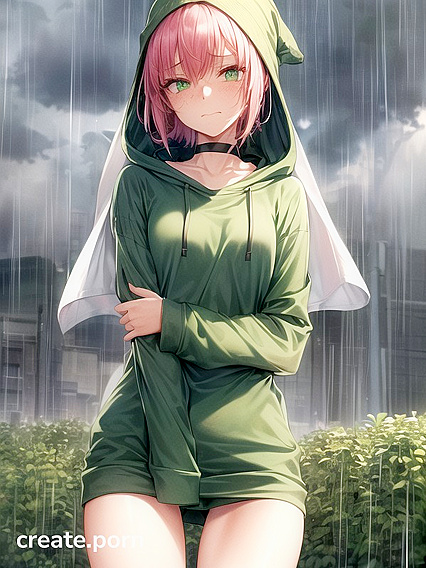 Freckled Beauty in Oversized Hoodie and Green Outfit Seduces in Hentai AI Image
