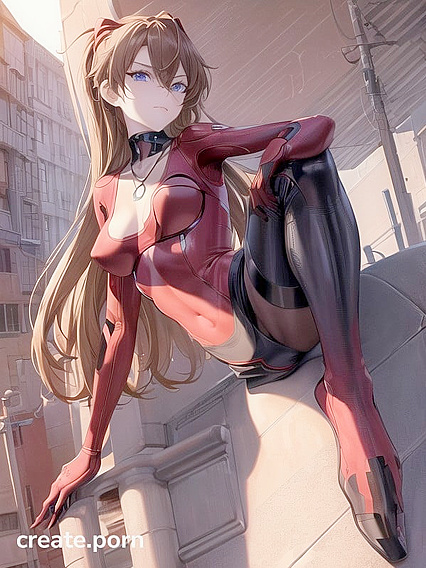 Thigh-High Socks and Red Long Sleeve Top Under Sunset Lights in Hentai AI Image