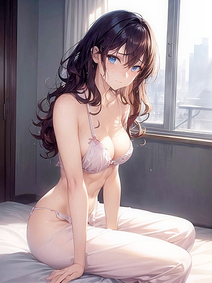 Topless Beauty Strips Down in Bed wearing apenas Thin Pajama Pants Full Body Hentai AI Image