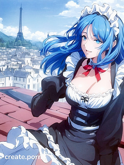 Blue-Haired Beauty with One-Eyed Seduction on a Stone Roof Amidst Ancient Trees