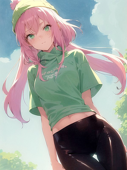 Freckled Beauty in Green and Pastel-Colored Outfit Takes on Hentai AI Image