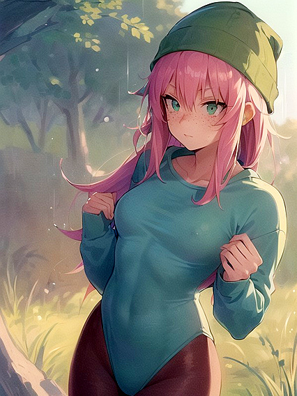 Freckled Girl 18+ in Green and Pastel-Colored Outfit Enjoys Steamy Hentai AI Image