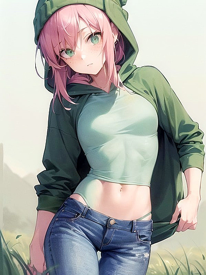 Pastel-Colored Beauty in a Green Hoodie ExploringMind-Bending Hentai Pleasure