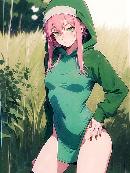 Wearing Pastel Colors and an Oversized Hoodie in Steamy Green Outfit Hentai AI Image