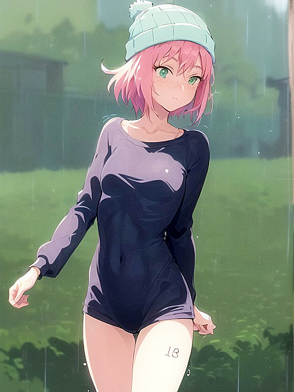 Freckled Beauty in Green Clothes and Oversized Hoodie for Steamy Hentai AI Image