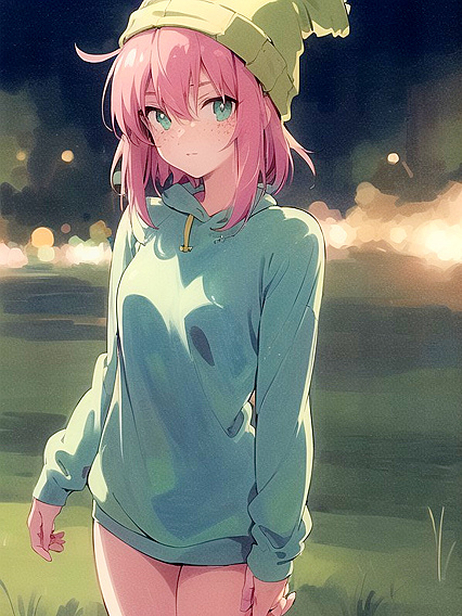 Freckled Girl 18+ in Green Clothes and Oversized Hoodie for Steamy Hentai AI Image