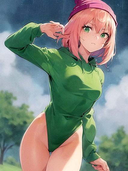 Green Hoodie and Pastel-Colored Outfit in Sensual Hentai AI Image